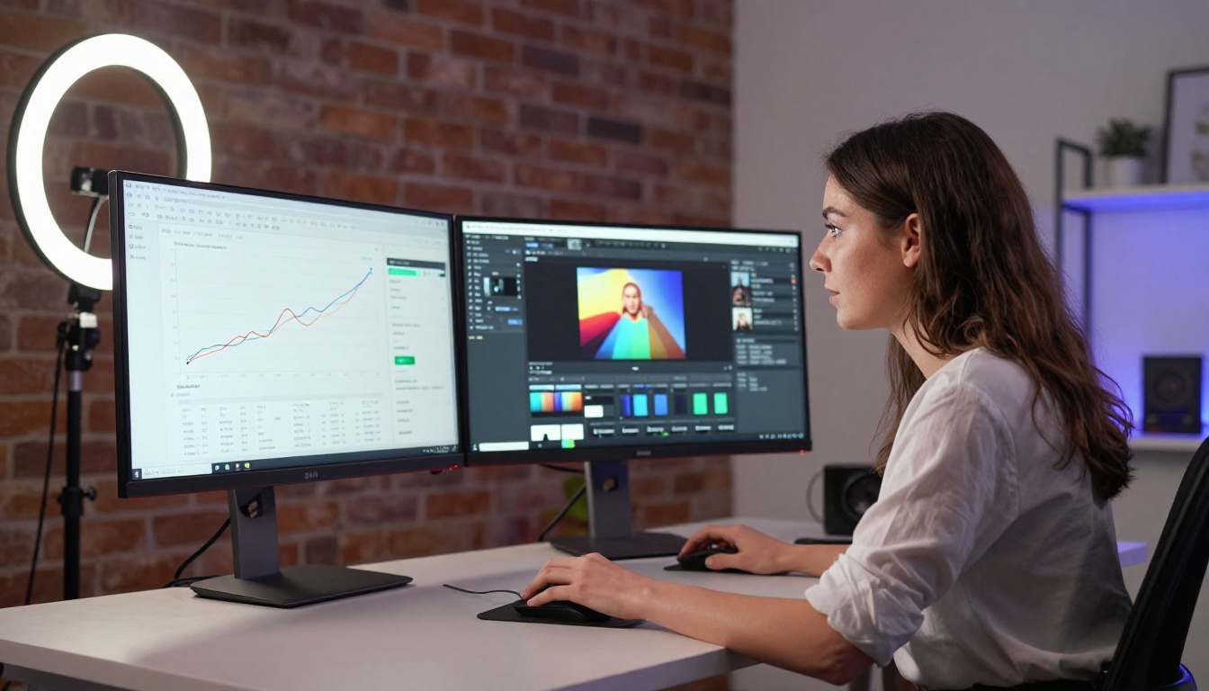 Content creator at standing desk with analytics and flipbook editor