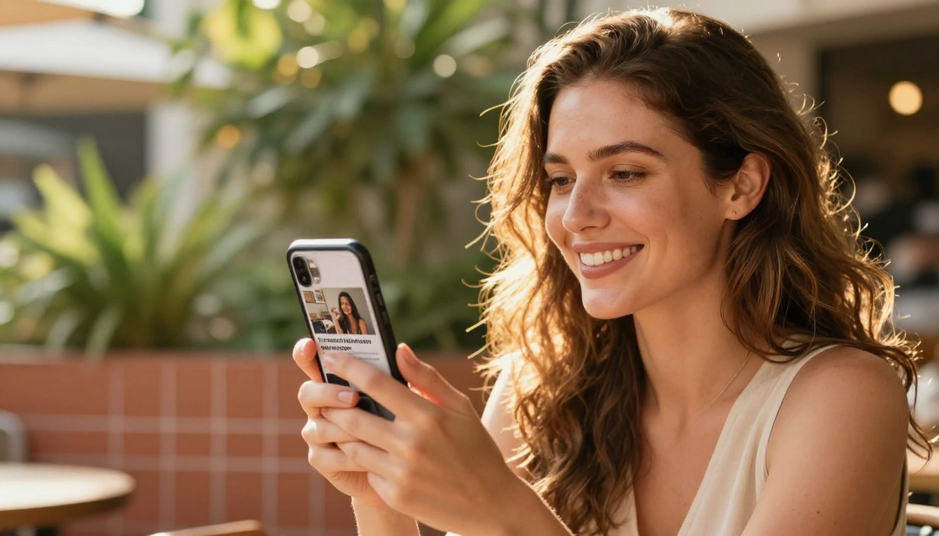 Woman sharing flipbook newsletter preview on social media outdoors