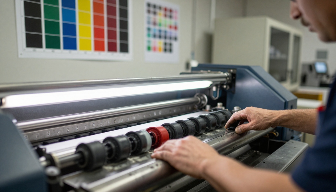 Commercial offset printing press during makeready setup with technician adjusting ink rollers