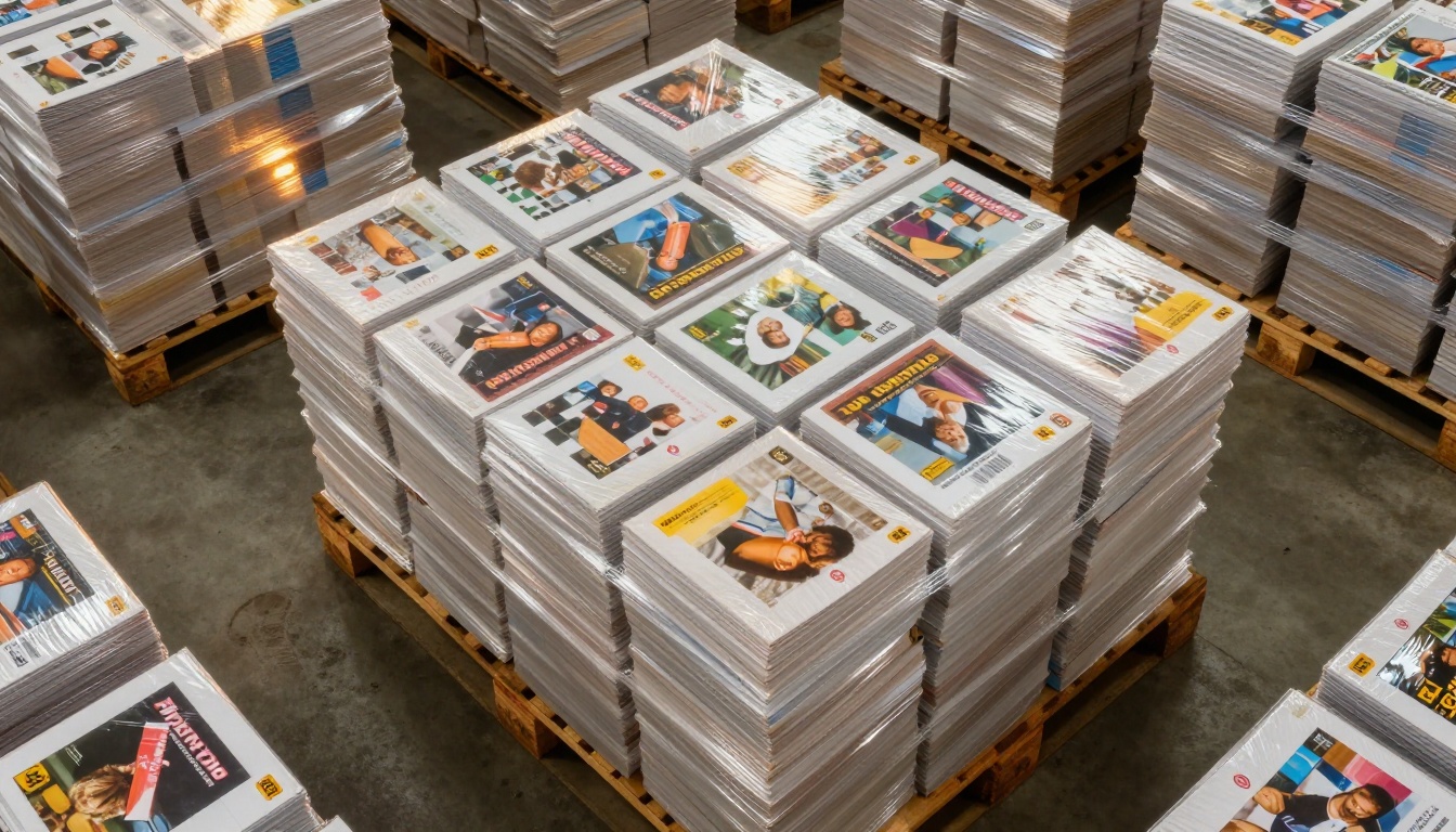 Aerial top-down view of a pallet stacked high with thousands of printed product catalogs in a warehouse