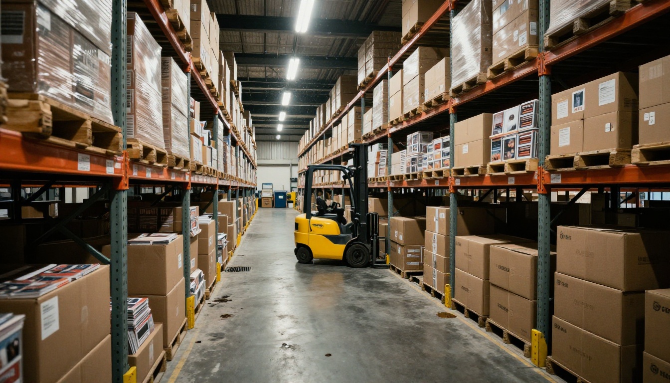Dim warehouse with long rows of industrial shelving packed with cardboard boxes of unsold printed catalogs