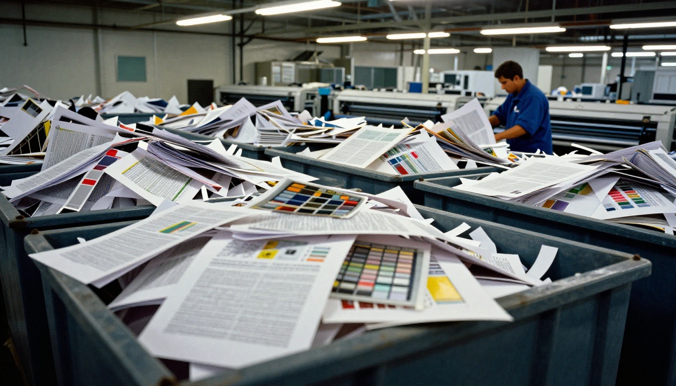 Industrial waste bins overflowing with misprinted sheets, calibration waste strips, and rejected print proofs