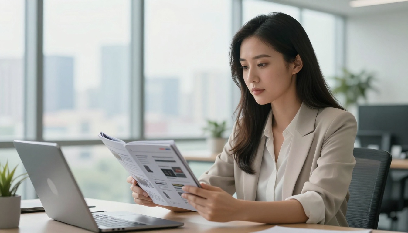 Professional woman holding a printed product catalog in one hand and a digital tablet showing the same content in the other
