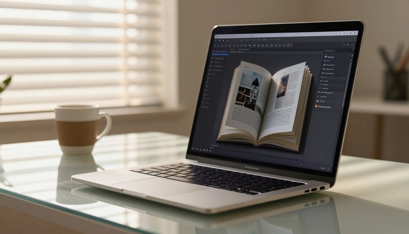 Modern slim laptop on a glass desk with a digital flipbook open showing a realistic page-turn animation mid-flip