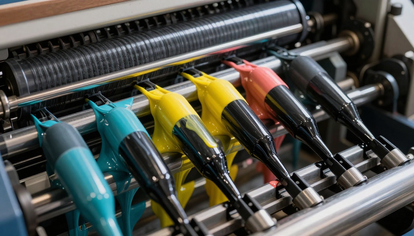 Extreme close-up of commercial printing press CMYK ink rollers in motion with vivid color ink visible