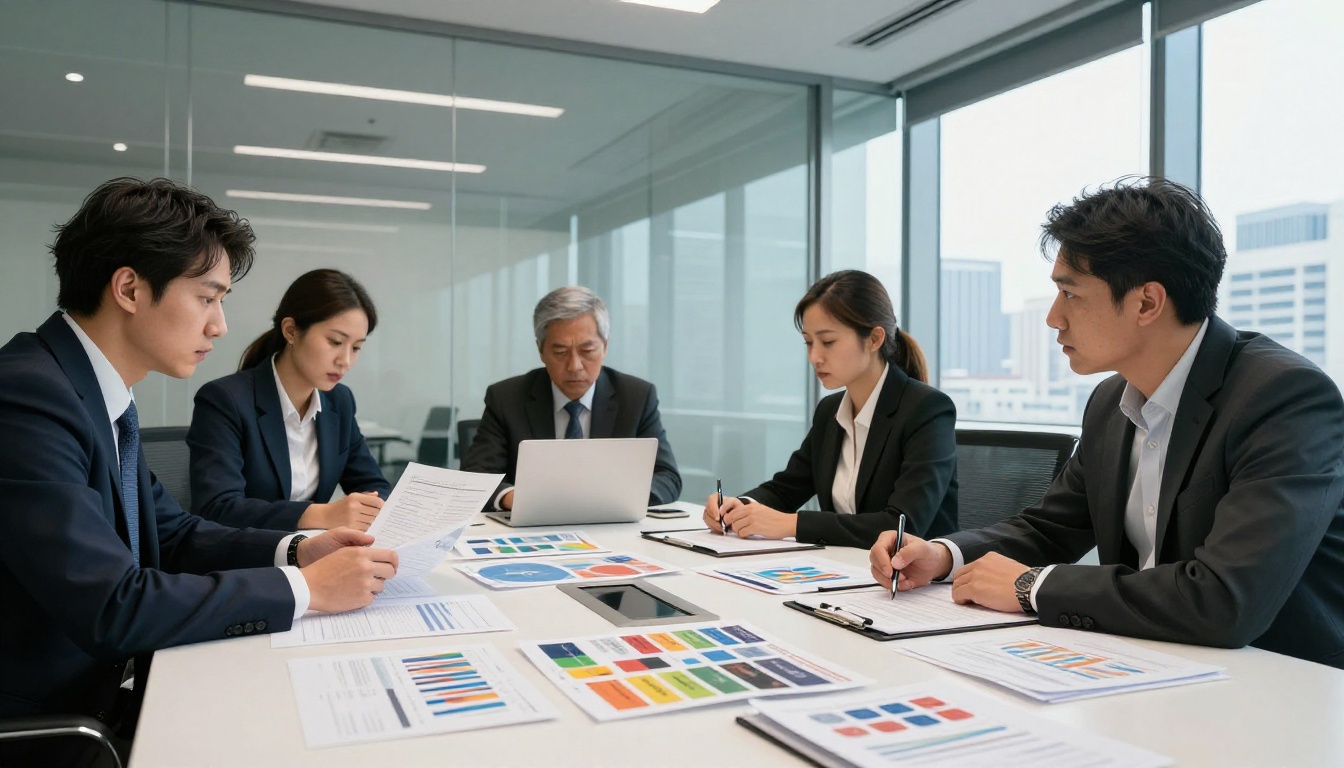 Business professionals around a conference table reviewing printed financial charts and catalog samples with concerned expressions