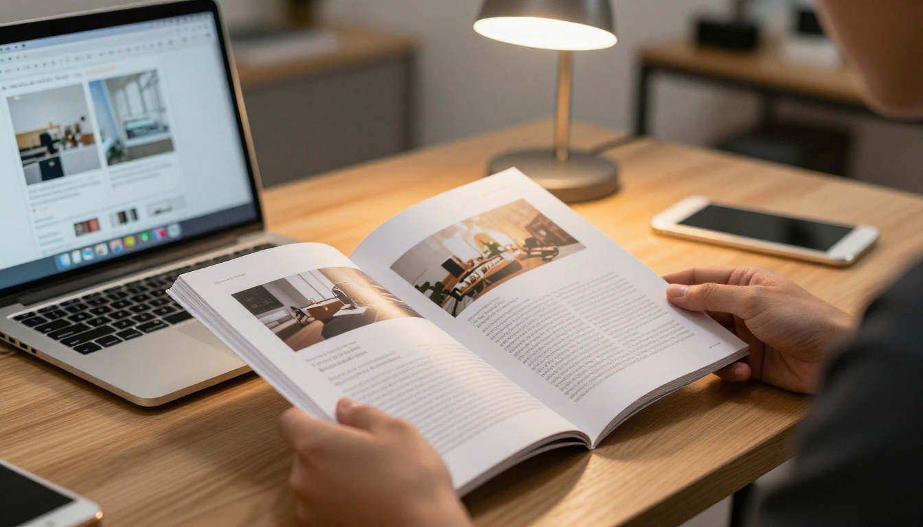Designer's hands comparing printed brochure to digital flipbook on laptop screen