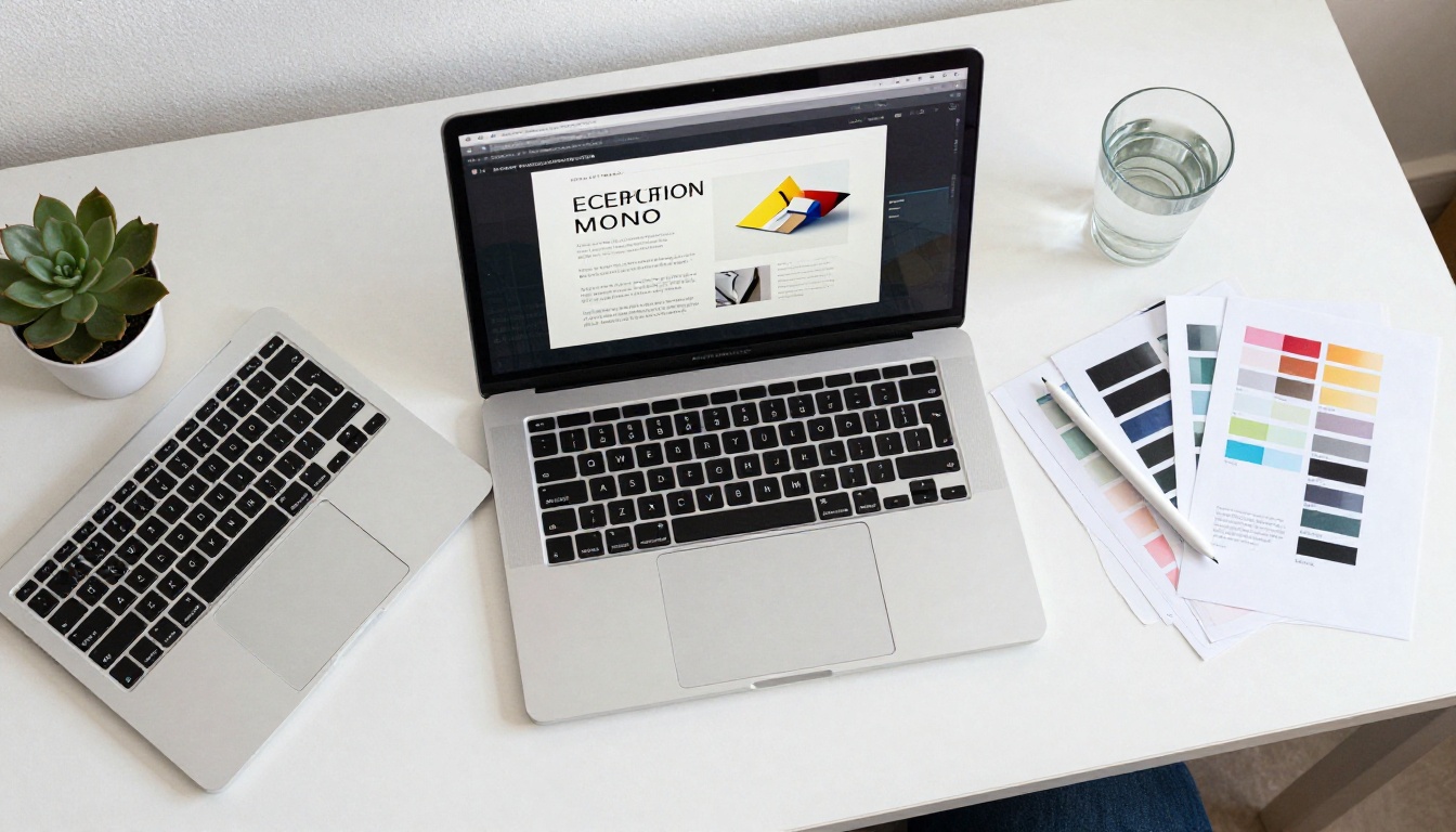 Aerial flat lay of a graphic designer's workspace with portfolio and Pantone swatches