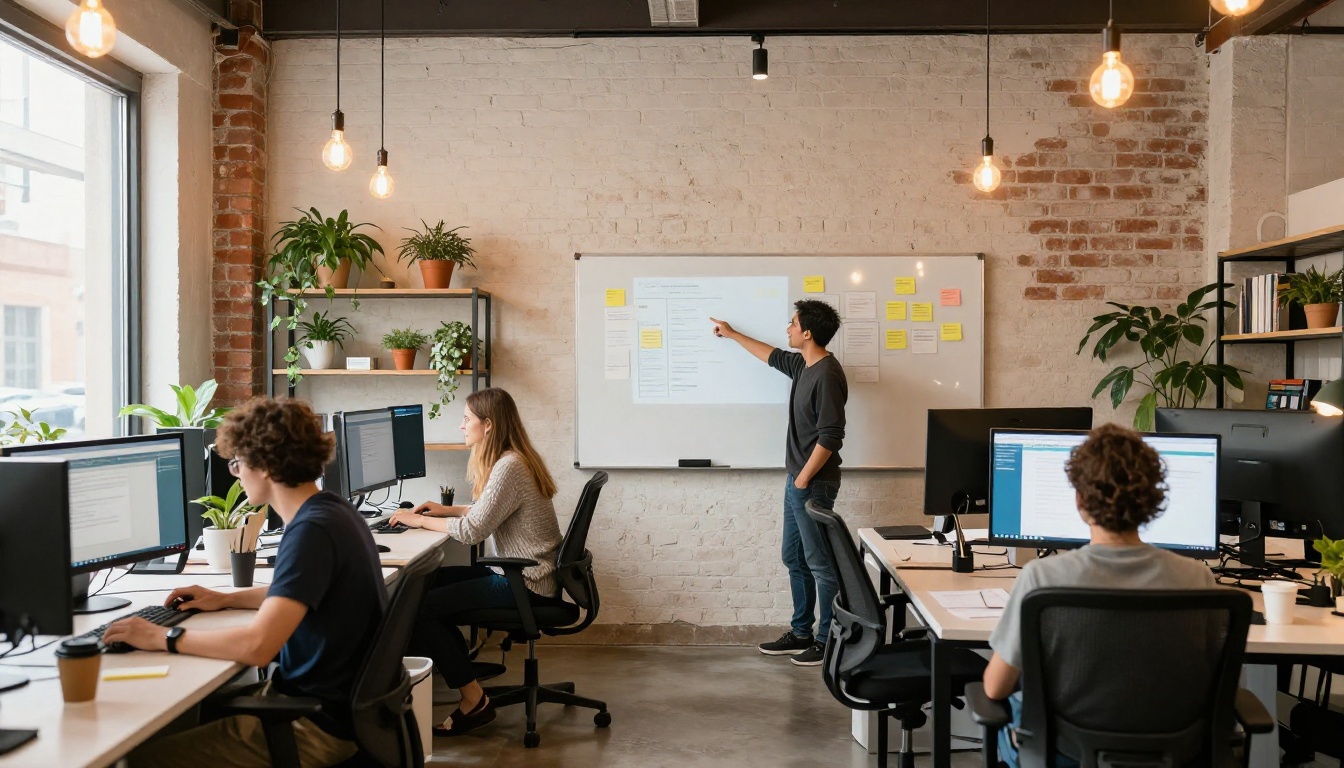 Modern design agency open office with team working at dual monitors