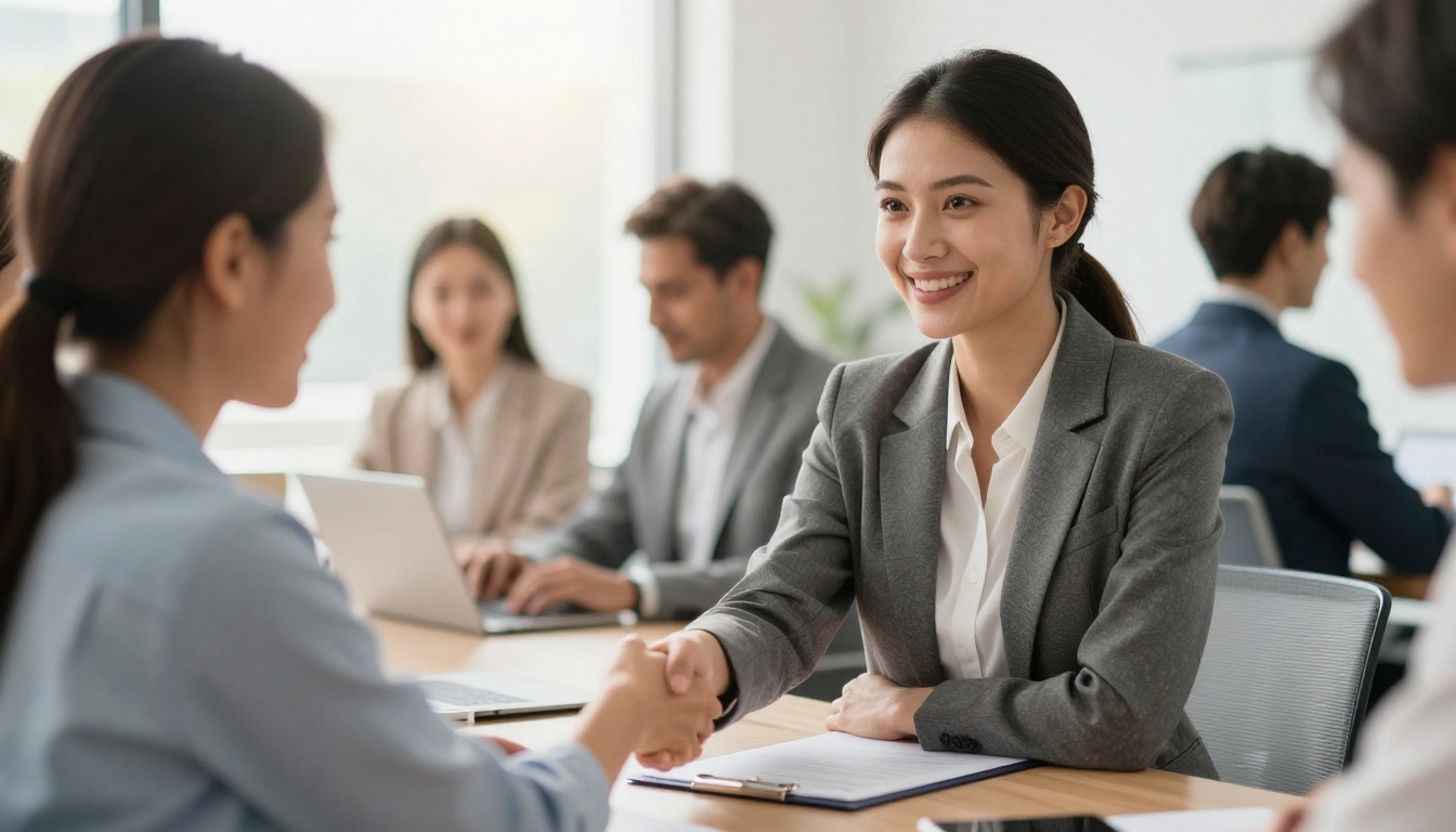 Designer and client shaking hands in a bright glass-walled conference room