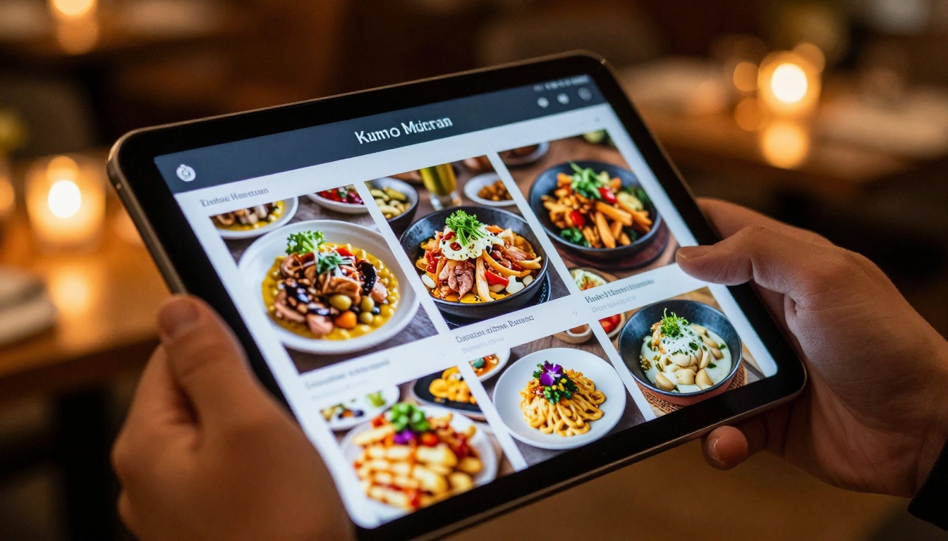 Tablet displaying an interactive digital restaurant menu in warm ambient lighting