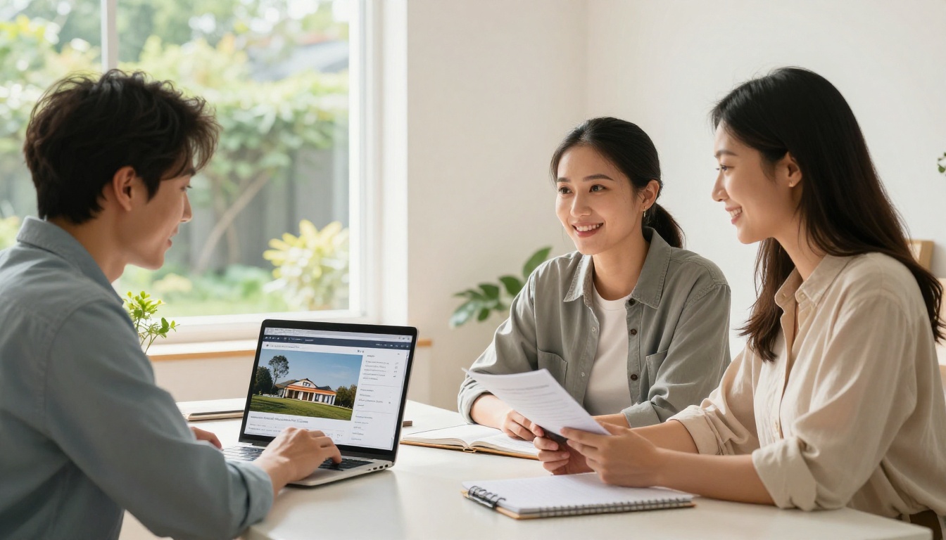 Real estate agent showing interactive digital property brochure to clients