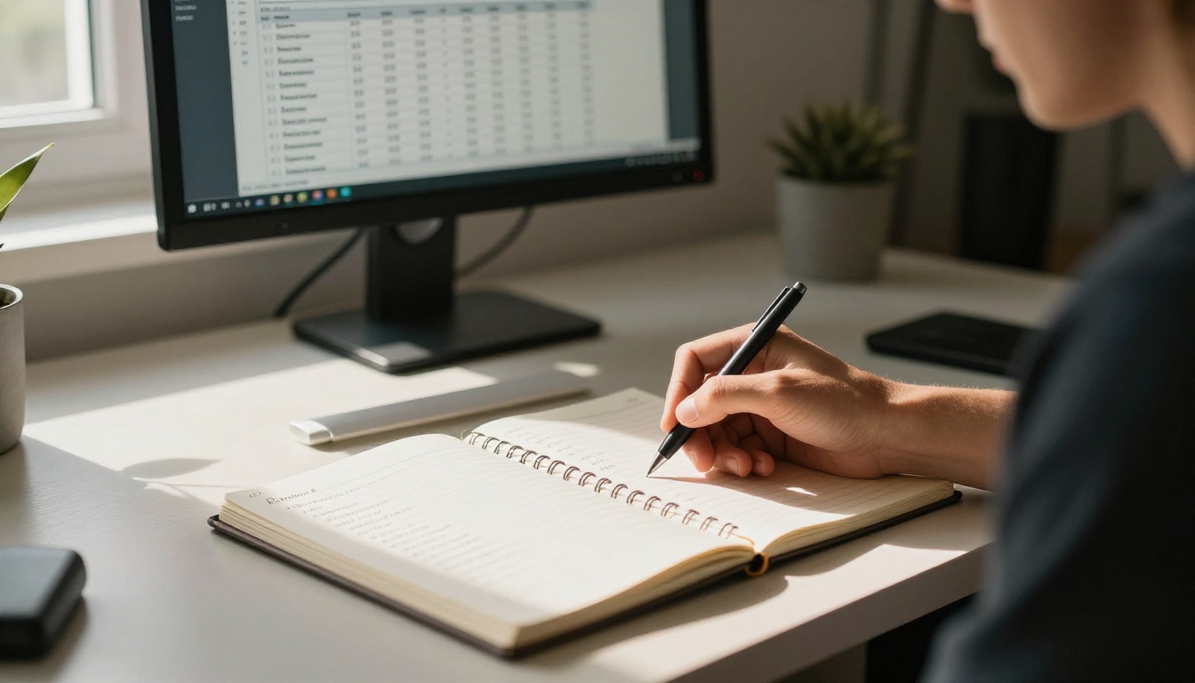 Designer writing service pricing tiers in a notebook at a standing desk