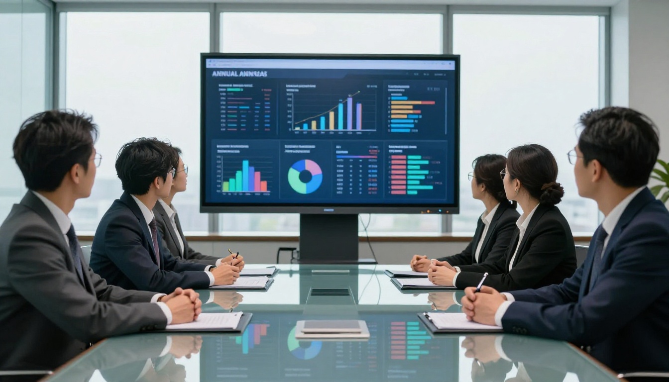 Corporate executives reviewing an interactive annual report flipbook in a modern boardroom