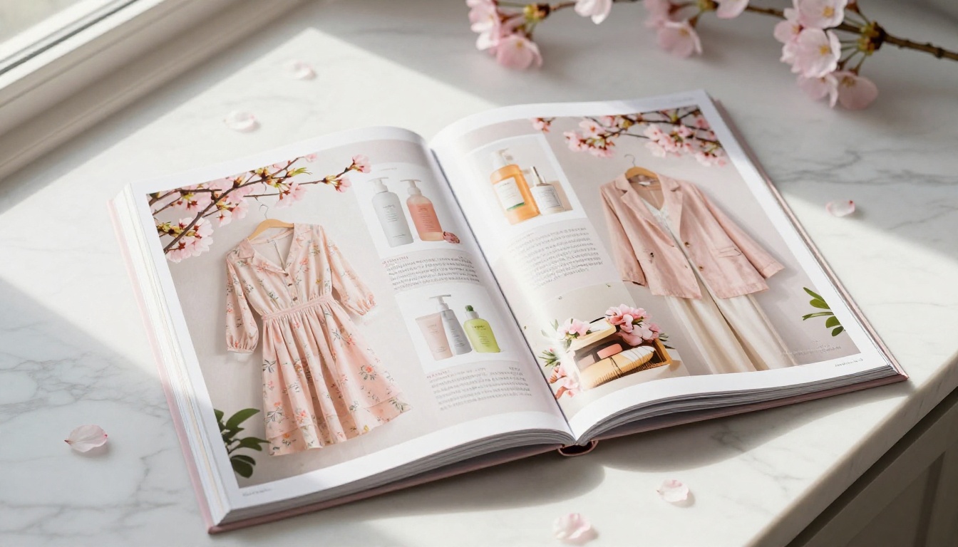 Spring catalog spread open on marble with cherry blossom petals