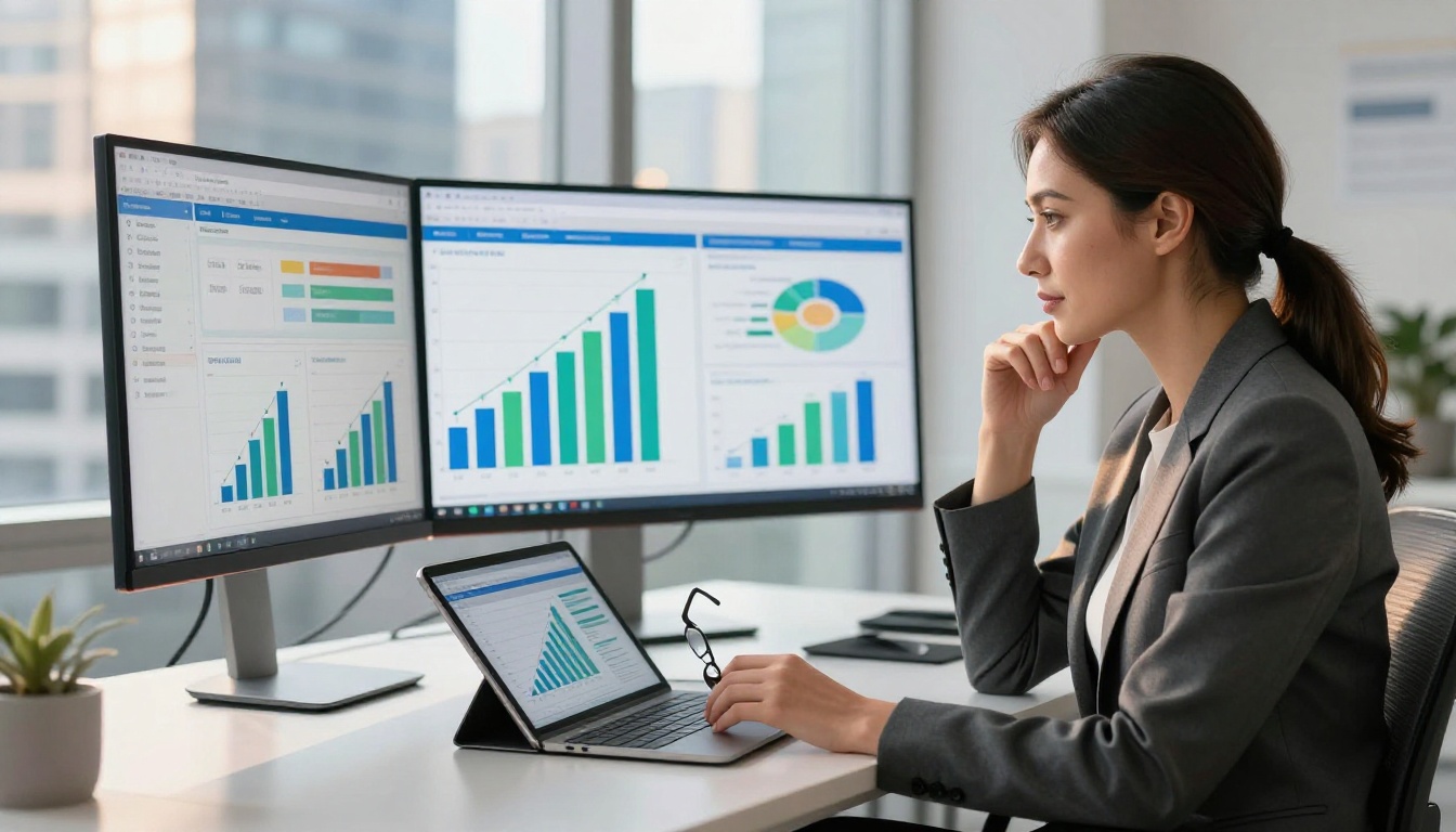 Businesswoman reviewing seasonal analytics on curved monitor in modern office