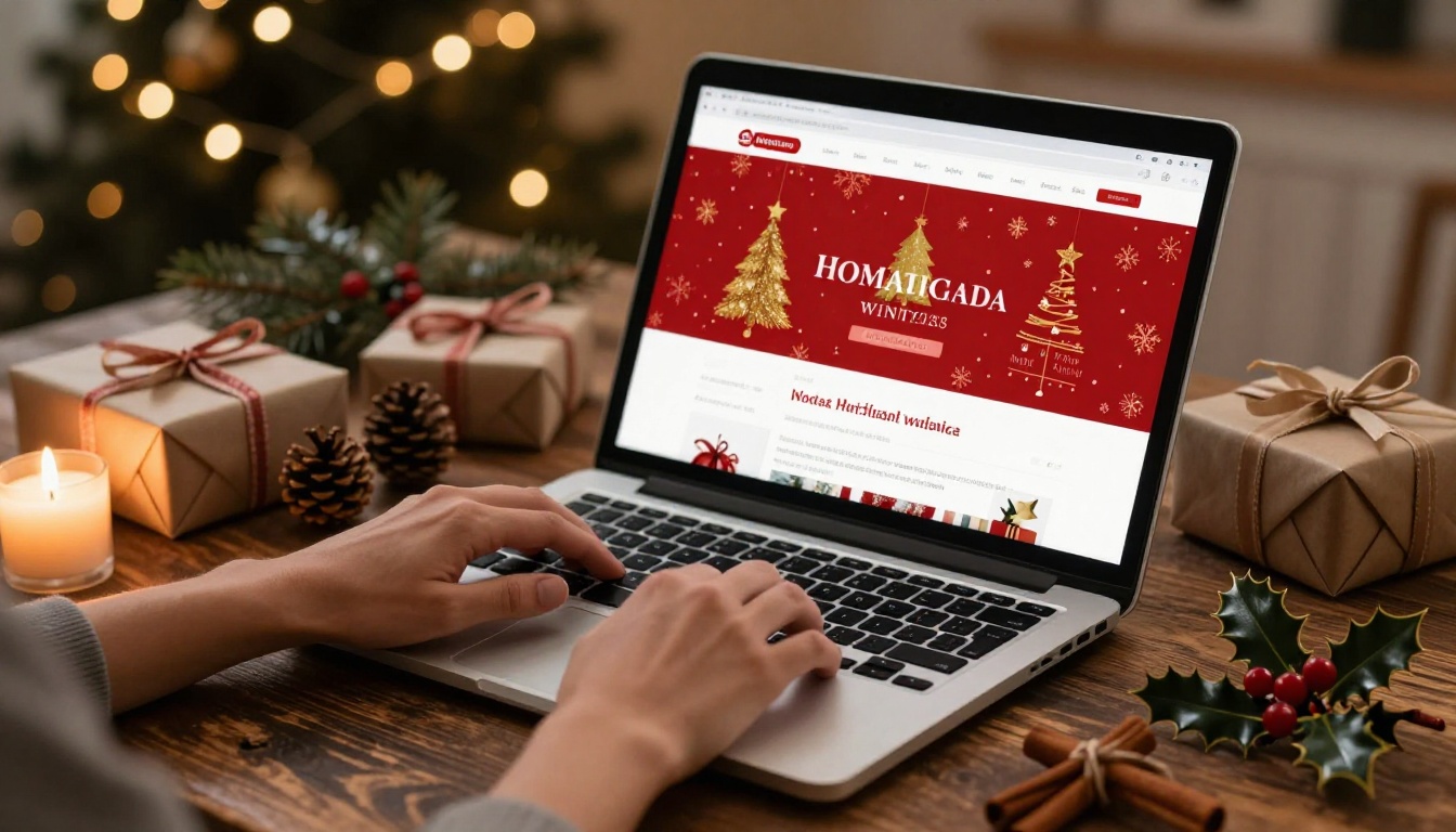 Holiday winter catalog being designed on laptop with festive gift products surrounding it