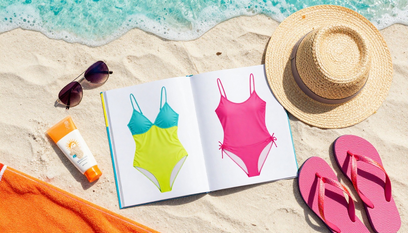 Summer beach aerial flat-lay with open catalog surrounded by sunglasses, hat, and accessories on sand
