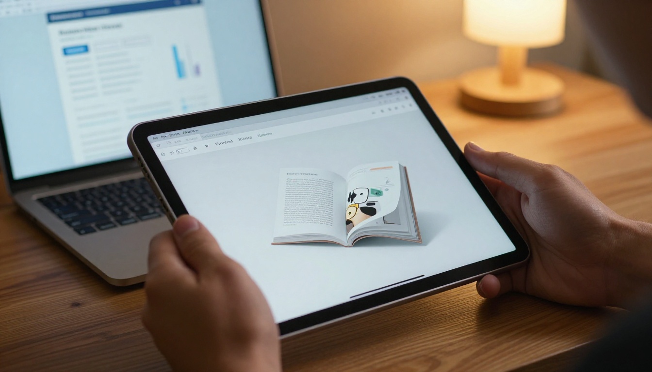 Man holding tablet displaying a mid-page-turn interactive digital flipbook catalog