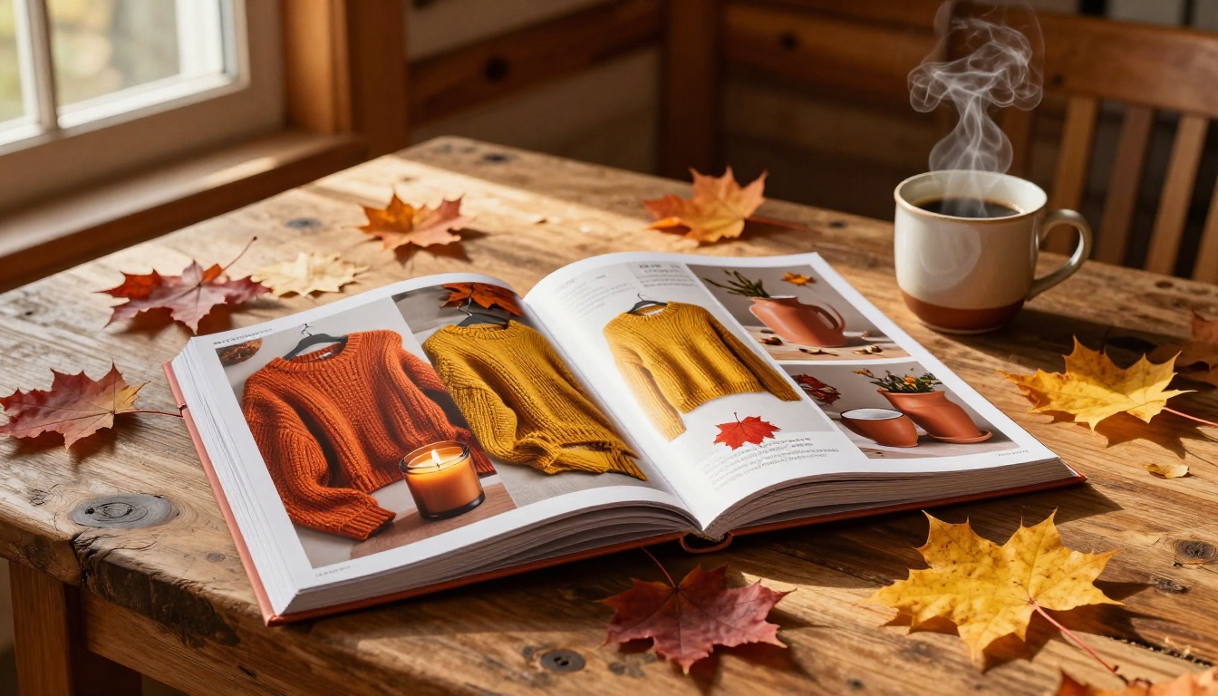 Autumn catalog open on farmhouse table surrounded by fall maple leaves and steaming coffee mug