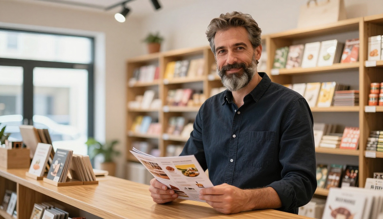 Confident boutique owner smiling while holding open seasonal catalog in his retail shop