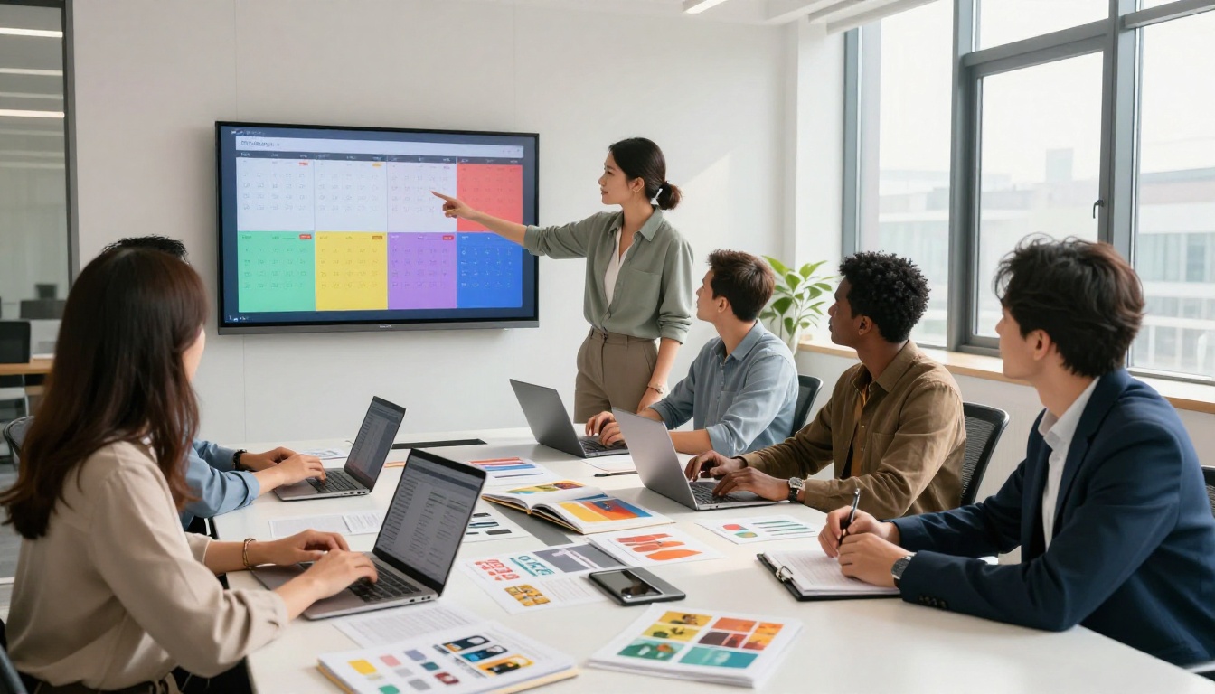 Marketing team around conference table reviewing seasonal catalog layouts with calendar on screen
