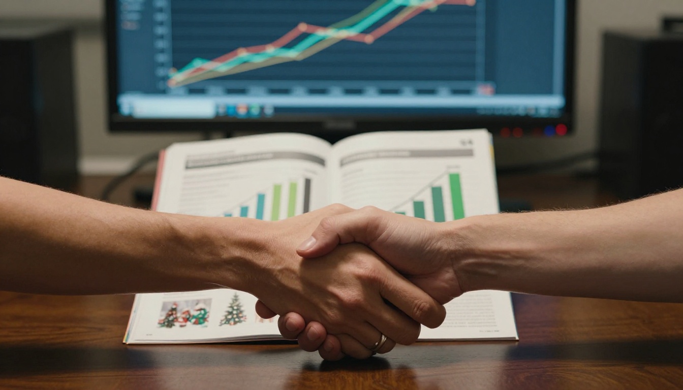 Two hands shaking firmly over an open seasonal catalog and quarterly revenue growth report
