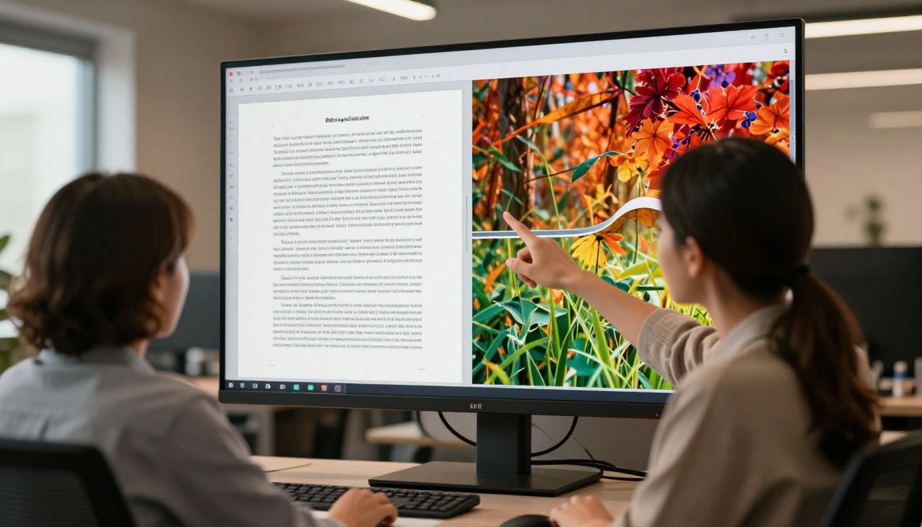 Consultant pointing at monitor showing PDF versus flipbook side-by-side comparison