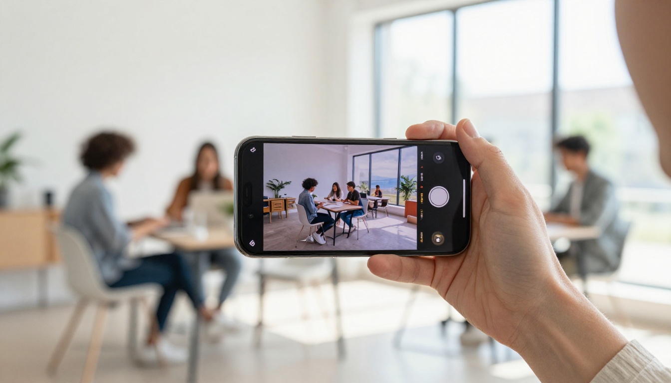Person holding smartphone displaying an interactive flipbook in a bright modern workspace
