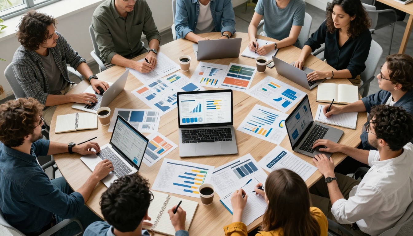Team of professionals reviewing analytics dashboard around a large conference table