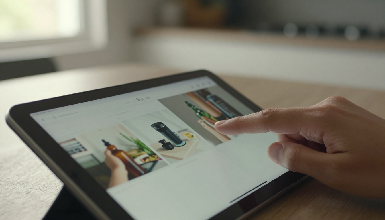 Tablet displaying an interactive flipbook with an embedded product video mid-page Tablet displaying an interactive flipbook with an embedded product video mid-page