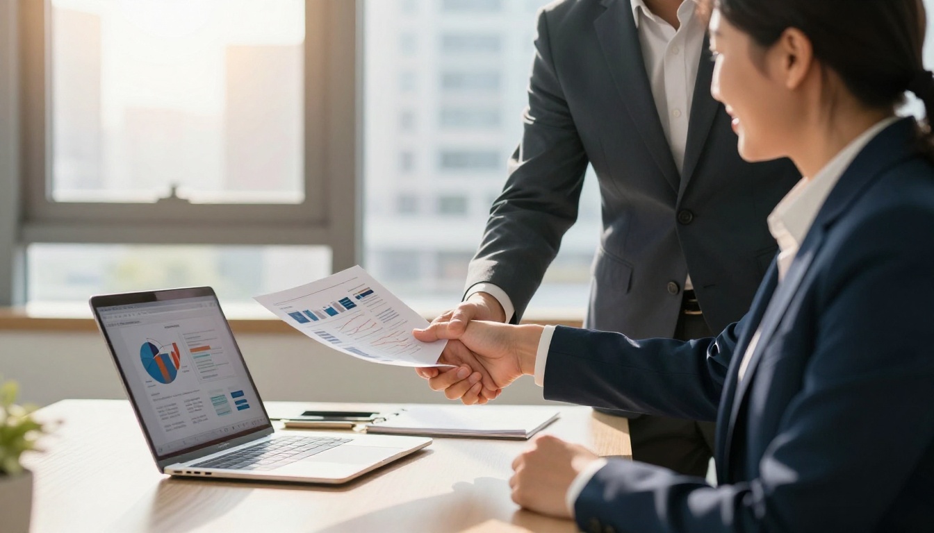 Two business professionals shaking hands with a laptop showing a flipbook in the foreground Two business professionals shaking hands with a laptop showing a flipbook in the foreground