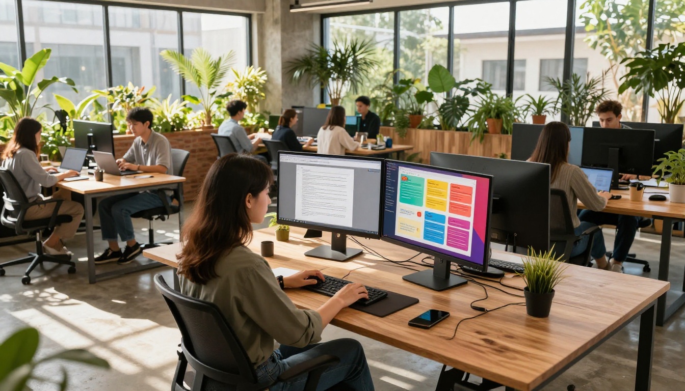 Wide shot of a modern co-working space with a split monitor showing PDF on the left and flipbook on the right Wide shot of a modern co-working space with a split monitor showing PDF on the left and flipbook on the right