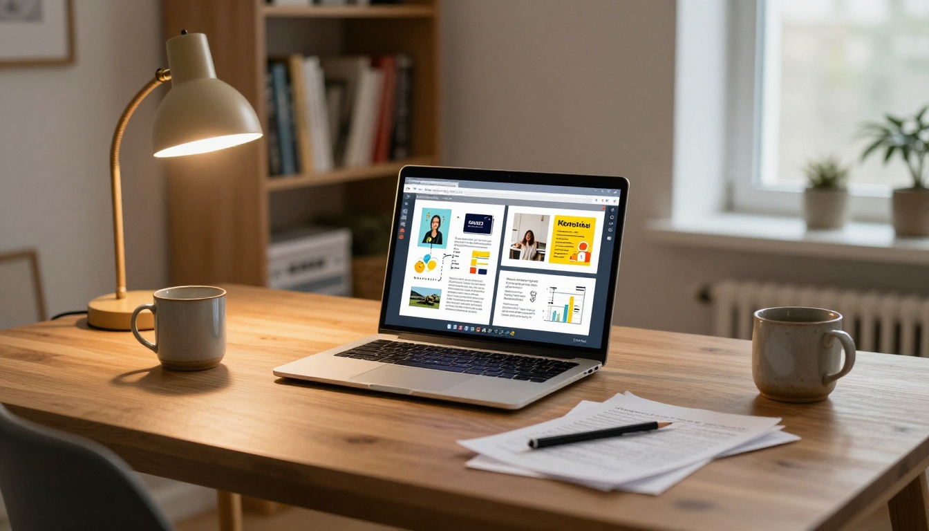 A professional working at a desk reviewing monthly flipbook layouts on a laptop with warm desk lamp lighting A professional working at a desk reviewing monthly flipbook layouts on a laptop with warm desk lamp lighting