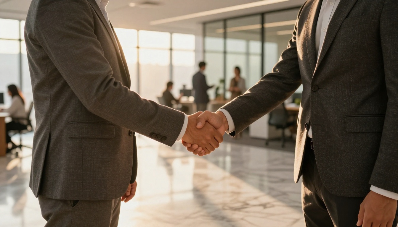 Professional handshake in a modern office lobby with warm afternoon sunlight Professional handshake in a modern office lobby with warm afternoon sunlight
