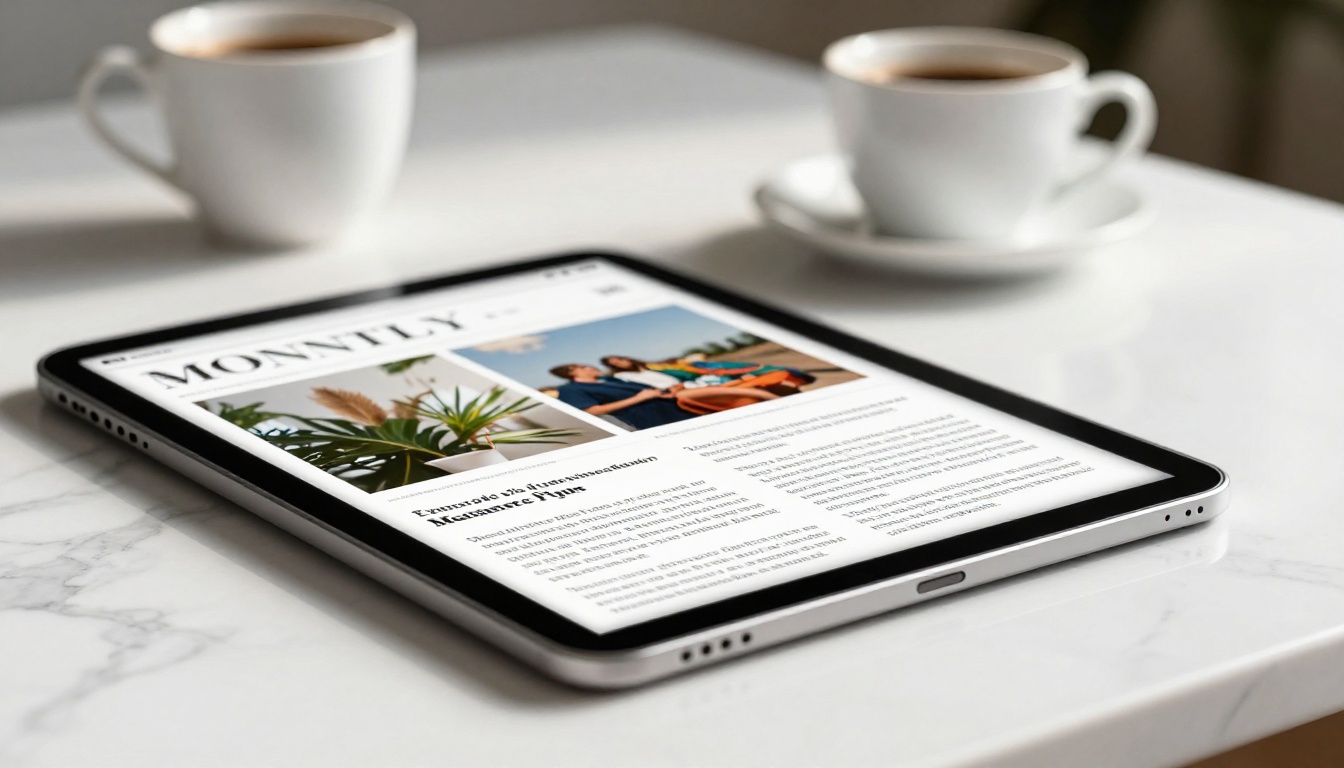 Close-up of a tablet on marble displaying a monthly digital magazine with page-turn effect Close-up of a tablet on marble displaying a monthly digital magazine with page-turn effect