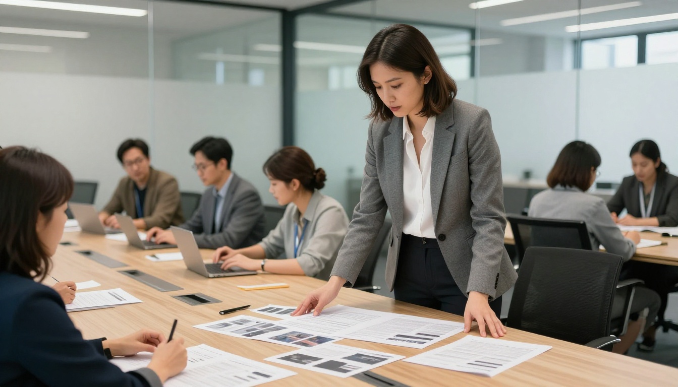 A professional woman reviewing editorial layouts spread across a conference table with team members A professional woman reviewing editorial layouts spread across a conference table with team members