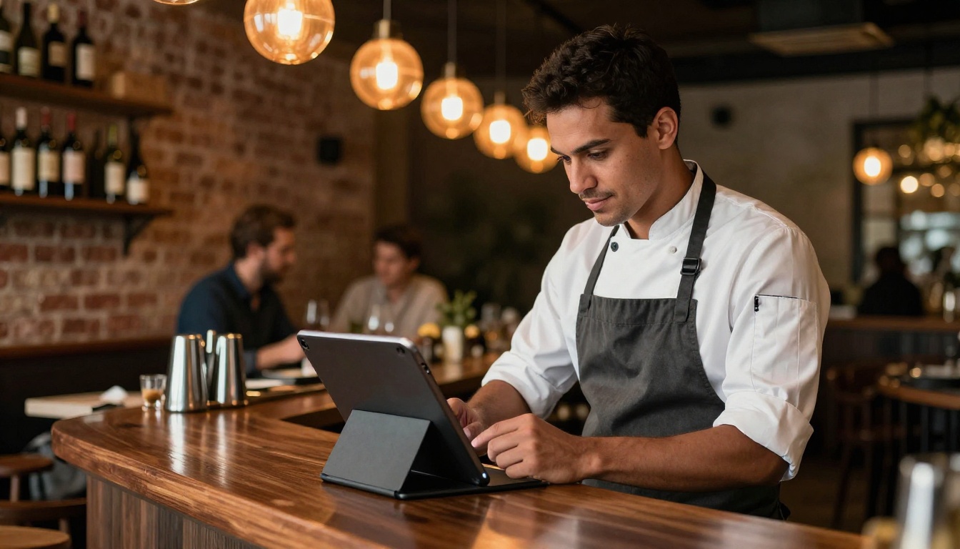 Restaurant owner reviewing a digital menu flipbook on an iPad at a dark wood bar counter with warm bistro lighting Restaurant owner reviewing a digital menu flipbook on an iPad at a dark wood bar counter with warm bistro lighting