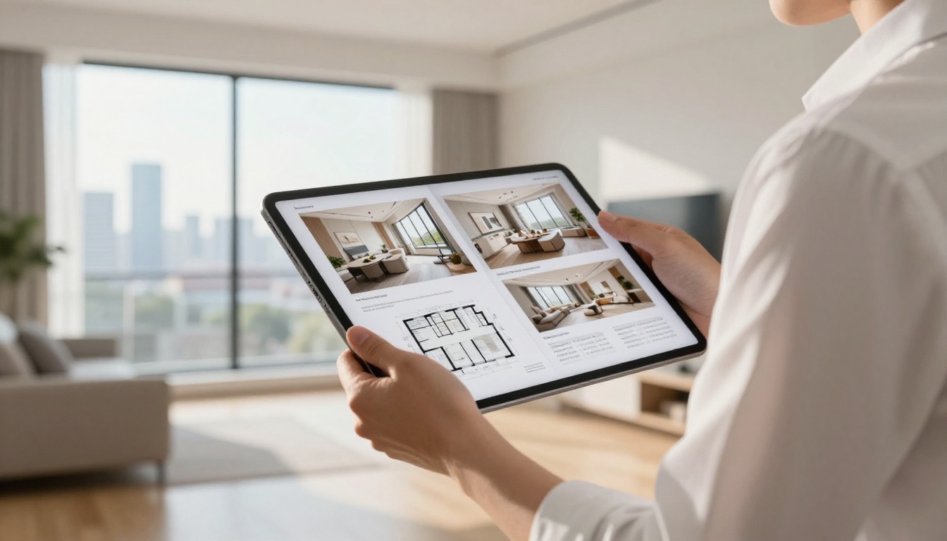 Real estate agent holding a tablet showing a property brochure flipbook in a bright modern apartment with city skyline behind Real estate agent holding a tablet showing a property brochure flipbook in a bright modern apartment with city skyline behind