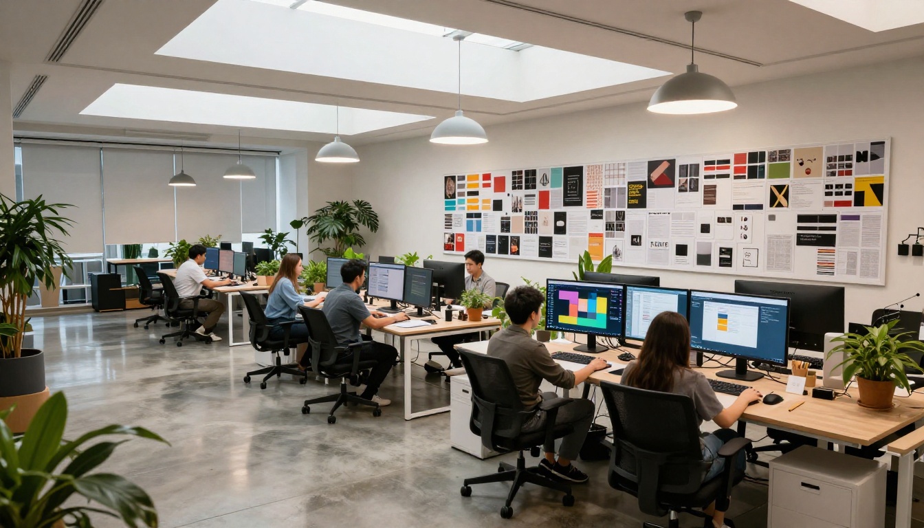Aerial view of a creative agency open-plan studio with designers at desks, mood boards, and plants Aerial view of a creative agency open-plan studio with designers at desks, mood boards, and plants