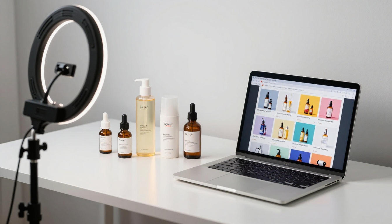 A content creator arranging products in a studio with laptop showing flipbook design interface nearby A content creator arranging products in a studio with laptop showing flipbook design interface nearby