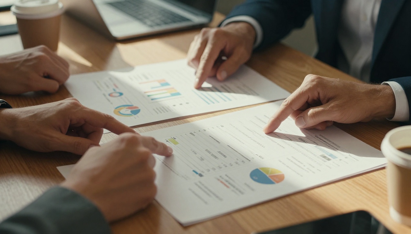 Close-up of two professional hands pointing at analytics charts and metrics on a walnut conference table Close-up of two professional hands pointing at analytics charts and metrics on a walnut conference table