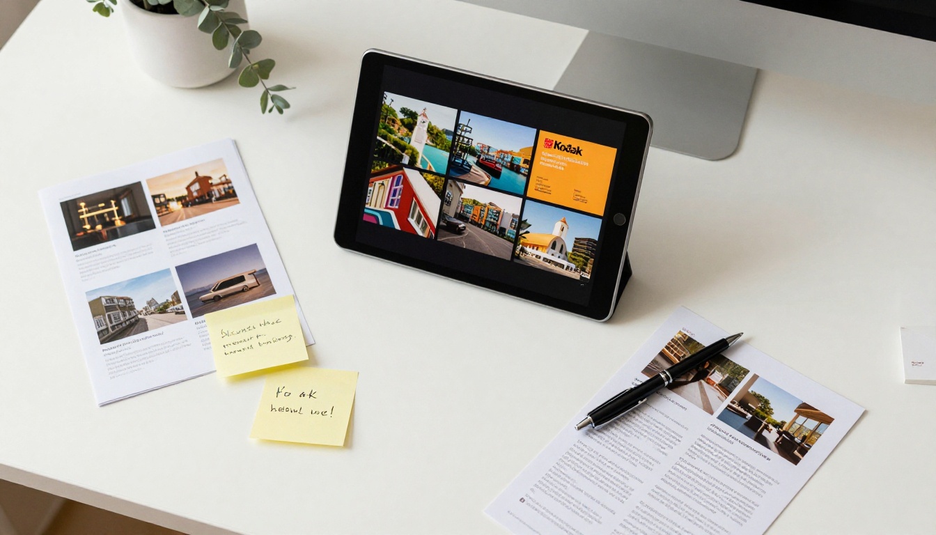 Aerial flat-lay of a minimalist workspace with a tablet showing an open digital flipbook, printed brochures, and business cards Aerial flat-lay of a minimalist workspace with a tablet showing an open digital flipbook, printed brochures, and business cards
