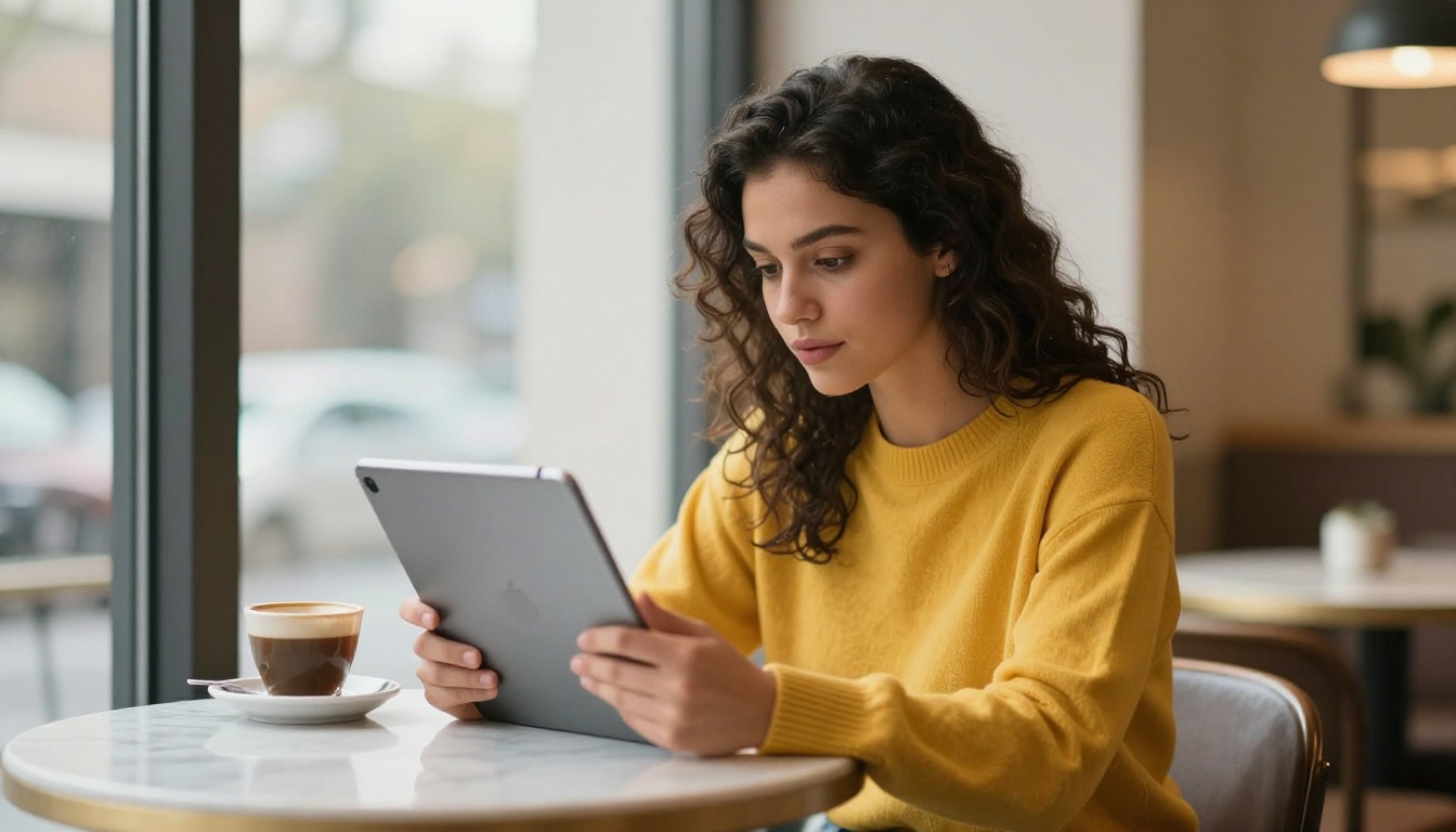 A young woman photographer reviewing her digital portfolio flipbook on a tablet at a sunlit cafe A young woman photographer reviewing her digital portfolio flipbook on a tablet at a sunlit cafe