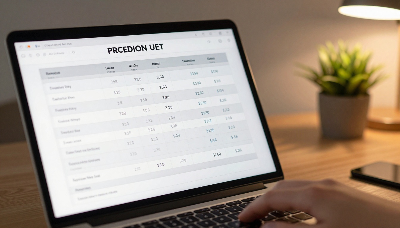 A laptop screen displaying a professional digital price list formatted as a flipbook, warm desk light, small plant blurred in background A laptop screen displaying a professional digital price list formatted as a flipbook, warm desk light, small plant blurred in background