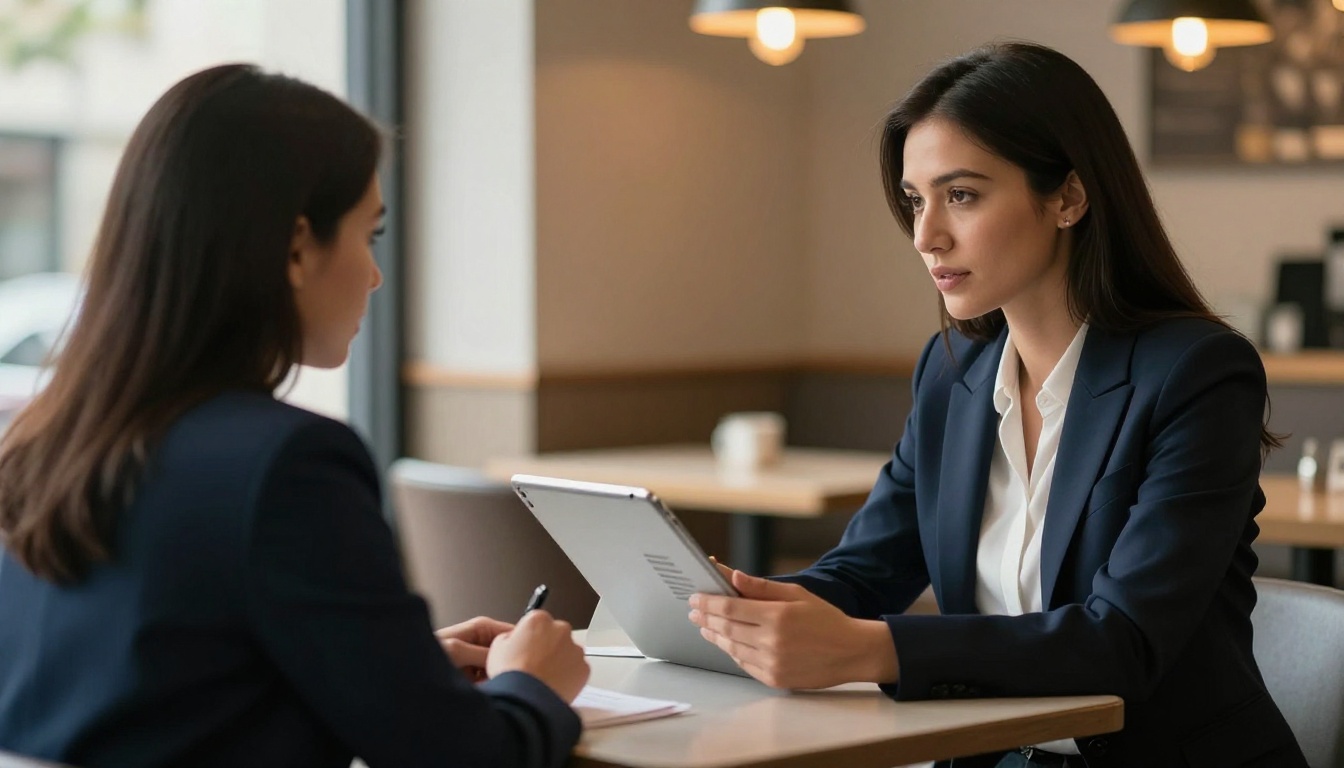 A professional female consultant presenting a digital proposal flipbook on an iPad to a client at a modern cafe A professional female consultant presenting a digital proposal flipbook on an iPad to a client at a modern cafe