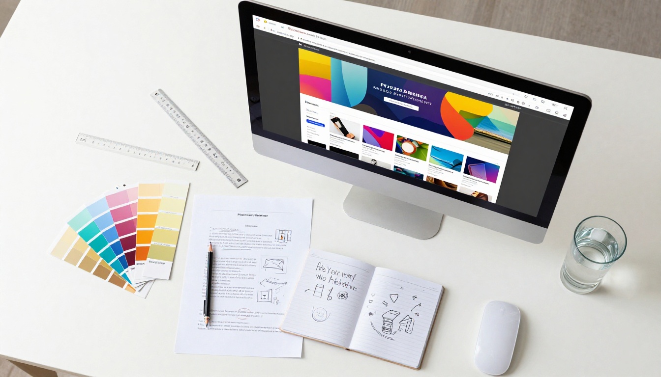 Overhead flat-lay of a freelance graphic designer's desk with a large monitor showing a digital product catalog and Pantone color swatches Overhead flat-lay of a freelance graphic designer's desk with a large monitor showing a digital product catalog and Pantone color swatches