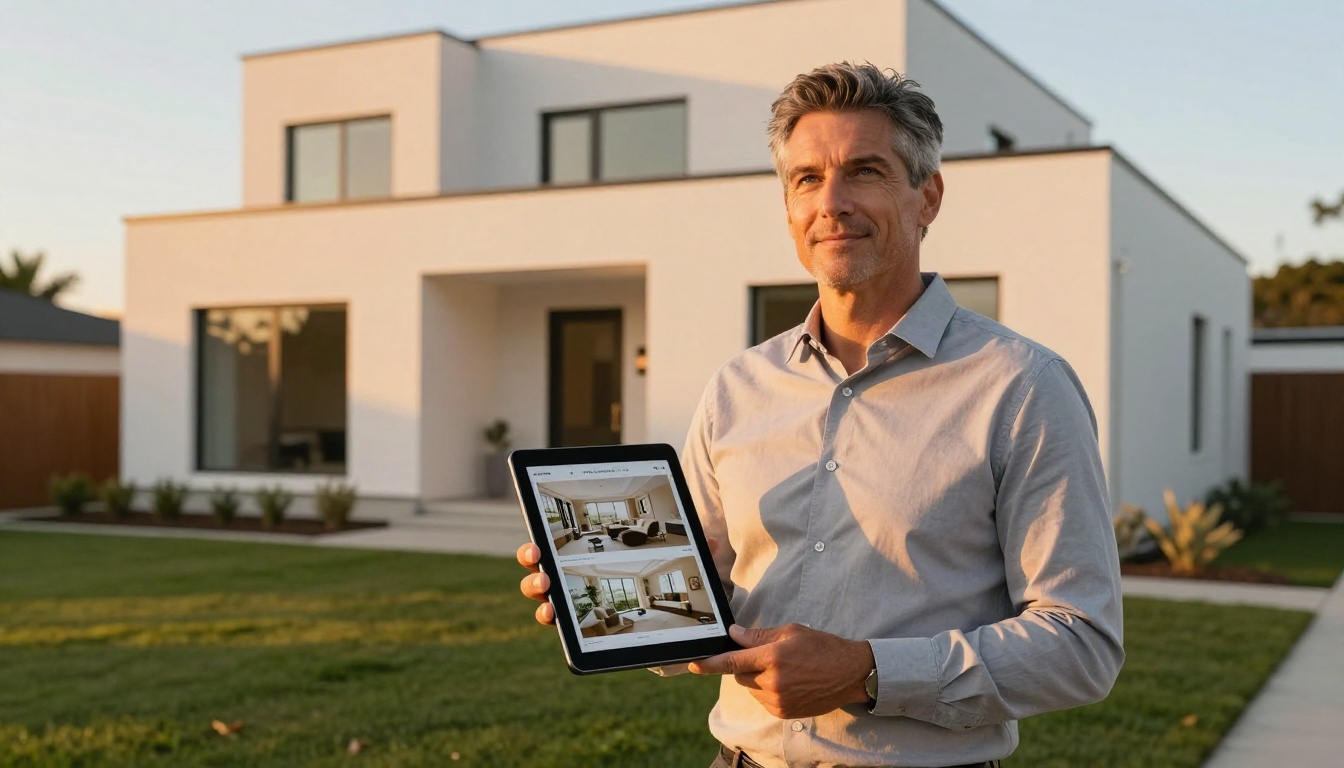 A confident real estate agent standing at the entrance of a modern minimalist house holding a tablet displaying a digital property brochure flipbook A confident real estate agent standing at the entrance of a modern minimalist house holding a tablet displaying a digital property brochure flipbook