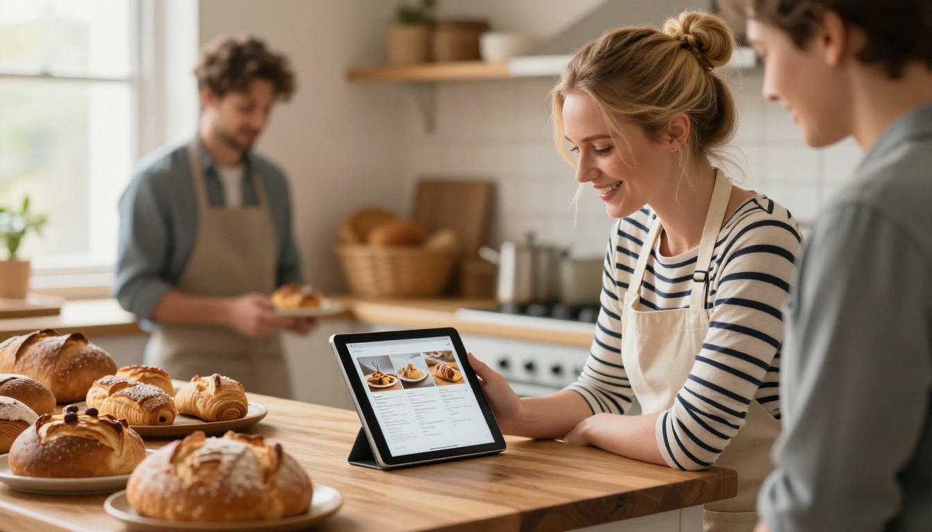 A home baker showing a digital recipe flipbook on a tablet to a smiling customer across a warm kitchen counter A home baker showing a digital recipe flipbook on a tablet to a smiling customer across a warm kitchen counter