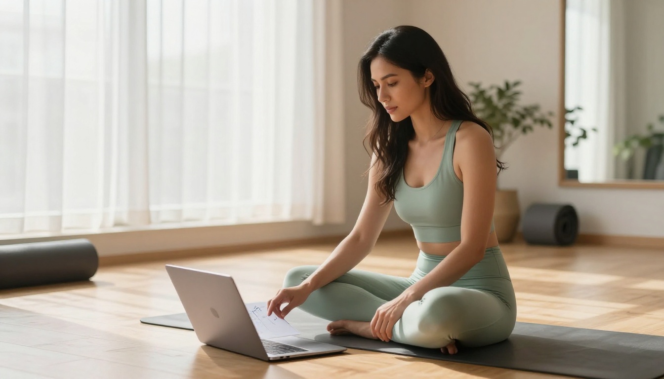 A solo yoga instructor sitting cross-legged on a serene studio floor reviewing course material on a silver laptop in soft morning light A solo yoga instructor sitting cross-legged on a serene studio floor reviewing course material on a silver laptop in soft morning light